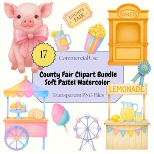 County State Fair Clipart, Watercolor PNG, Carnival Games, Cotton Candy, Ferris Wheel, Summer Festival Clip Art, Scrapbook, Commercial Use.