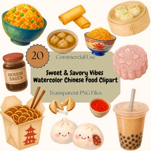 Chinese Food Clipart Bundle, Watercolor PNGs, Dumplings, Bao Buns, Asian Cuisine, Card Making, Cute Kitchen Art, Commercial Use, Party Deco.