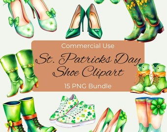 St. Patricks Day Clipart, St Pattys Day PNG, St Patrick Shoes Heels PNG, Clover Irish Clip Art, Instant Download, Watercolor Commercial Use