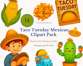 Taco Tuesday Mexican Clipart, Cinco De Mayo PNG, Fiesta Food Party Clip Art, Happy Taco Lover Cliparts, Commercial Use, Instant download.