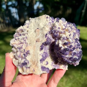 Purple fluorite specimen with druze on matrix from Guizhou, China. Large UV reactive Rocks Crystals Minerals