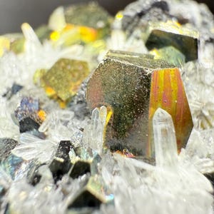 Rainbow Iridescent Pyrite with Quartz from Indonesia. Crystals Minerals Rocks and Specimens