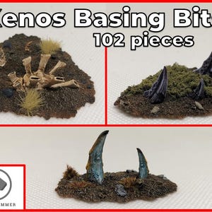 May include: Three miniature terrain bases with varied textures and elements. The bases are brown with patches of green and tan. Some bases have spiky, dark purple structures. The text "Xenos Basing Bits 102 pieces" is at the top, and a logo is at the bottom.