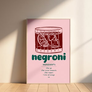 Impresión de cóctel Negroni, Ilustración de cóctel, Arte mural de cocina, Póster de cóctel
