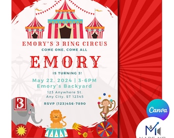 3 Ring Circus 3rd Birthday Invitation