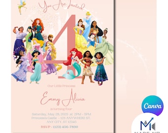 May include: A pink and white invitation card with a large number 4 surrounded by Disney princesses. The text reads "You Are Invited" and "Our Little Princess Emory Alivia is turning four". The invitation includes the date, time, location, and RSVP information.
