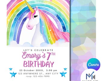 Unicorn Birthday Invitation, Pastel Unicorn, Rainbow Unicorn Sparkles and Gold Invitation, 1st Birthday Girl, Watercolor Invite Printable