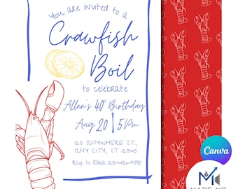 Puede incluir: Una invitación blanca con acentos azules y rojos para un hervido de cangrejo de río para celebrar el cumpleaños número 40 de Allen. La invitación presenta una ilustración de cangrejo de río rojo y el texto "You are invited to a Crawfish Boil to celebrate Allen's 40th Birthday Aug 20 | 5pm 123 ANYWHERE ST., ANY CITY, ST 12345 Rsvp to Erica 123-456-7890".