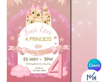 Four Ever A Princess 4th Birthday Invitation | Princess Invite | Digital MP4 Invite