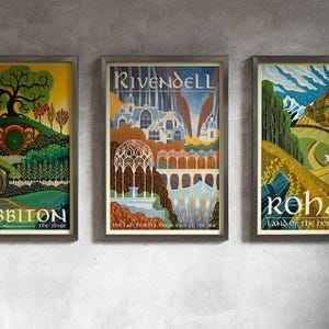 Set di 3 poster da viaggio del Signore degli Anelli Hobbiton, Rivendell, Rohan, decorazioni per la casa del Signore degli Anelli Anelli del Potere Terra di Mezzo LOTR