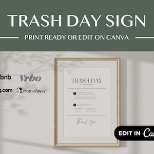 Editable Airbnb Trash Day Sign | Printable Short Term Rental Signs | House Rules Poster | Wifi Sign Canva Template | Garbage Day Sign | VRBO