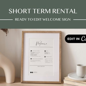 May include: A framed welcome sign for short-term rentals with a checklist of information for guests. The sign includes contact info, WiFi, check-in, and check-out instructions. The sign is ready to be edited in Canva.