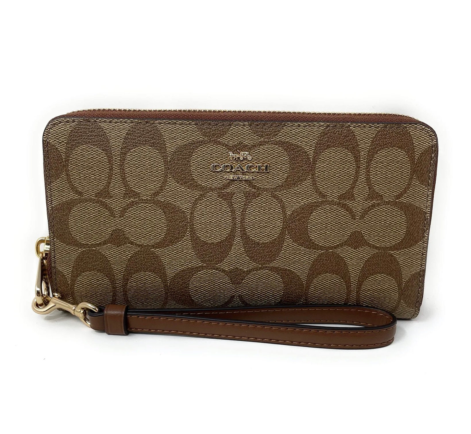 COACH Women Long Zip Around Wallet in Signature Canvas With Strapkhaki saddle2 Etsy