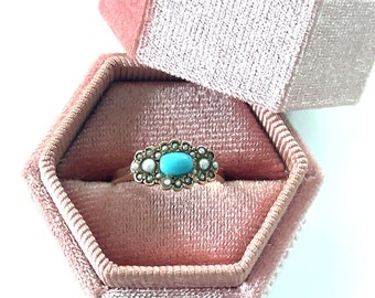 10K Rose Gold Victorian Turquoise & Seed Pearl Ring