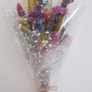 May include: A bouquet of dried flowers wrapped in clear cellophane with white polka dots. The bouquet features a variety of colourful flowers, including pink, yellow, blue, and purple blooms, tied with twine.