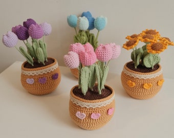 Handmade Crochet Flower Plants, Finished Tulip Sunflower Houseplant Amigurumi Decor, Car Charms, Crochet Potted Flowers, ribblr