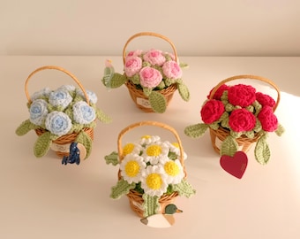 Crochet Flowers, Crochet Rose Daisy Plants, Handmade Crochet Flowers Basket, Emotional Support Gift, Crochet Desk Decor, Gift for her