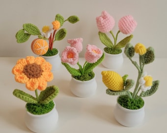 Handmade Crochet Flower Plants, Tulip Sunflower Daisy Houseplant Decor, Car Charms, Crochet Potted Flowers, Finished Crochet Home Decor