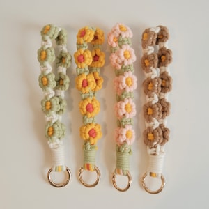 Correa para llavero de macramé con margaritas, accesorios para llaves, pinzas para carteras, pinzas para billeteras, llaveros bohemios, adornos para calcetines, llaveros, adornos para bolsos
