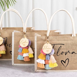 Beach bag,Gift Bag with tassels charm,Personalized Jute Bag for Bridesmaid,Custom Bridesmaid Bags,Burlap Tote with Name and charm