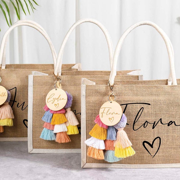 Beach bag,Gift Bag with tassels charm,Personalized Jute Bag for Bridesmaid,Custom Bridesmaid Bags,Burlap Tote with Name and charm