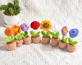 Crochet fait main en pot de fleurs tricoté tournesol/rose/tulipe/prunier/fleur en forme de coeur-plantes en pot au crochet-fleur éternelle-cadeau pour elle