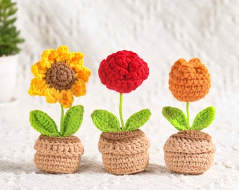 Handmade Crochet Flower Pot-Knitted Sunflower/Rose/Tulip/Plum blossom/Heart-shaped Flower-Crochet Potted Plants-Eternal Flower-Gift for her