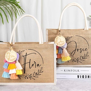 Personalized Bridesmaid Bags, Burlap Tote with Name and charm, Custom Beach bag, Gift Bag with tassels charm,Custom Jute Bag for Bridesmaid