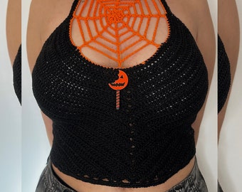 Trick r treat Sam’s lollipop crochet spider web halter neck top