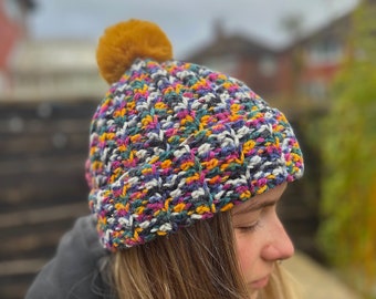 Handmade Colorful Crochet Beanie with Pom Pom | Chunky Warm Winter Hat | Cozy Handcrafted Gift | Unique Knitted Style Beanie