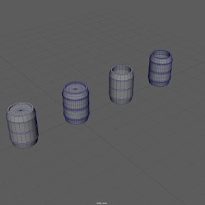 Könnte beinhalten: Vier Holzfässer in verschiedenen Größen und Positionen, gerendert in einem 3D-Modellierungsprogramm. Die Fässer sind aus hellbraunem Holz mit dunkelbraunen Reifen.