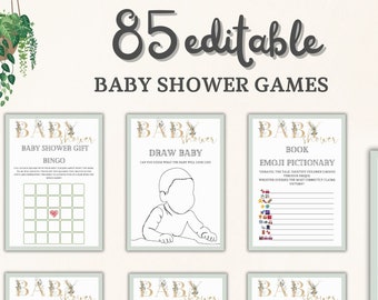 Juegos minimalistas de baby shower 85 en 1: paquete imprimible editable, descarga instantánea y divertida para entretenimiento y regalos de baby shower