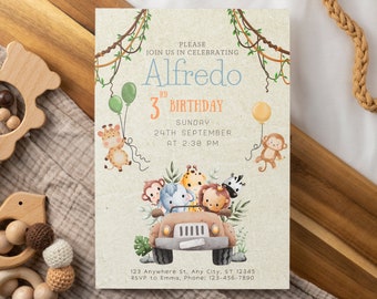 Wild One Safari Animals Birthday Invitation - Editable Template Instant Download, EDITABLE Animals Party Invite Template, Baby Birthday