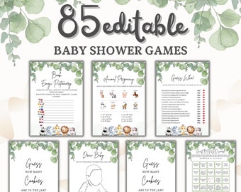 85 jeux modifiables pour baby shower, style animal safari mignon, pack minimaliste pour baby shower, modèle modifiable et jeu baby shower