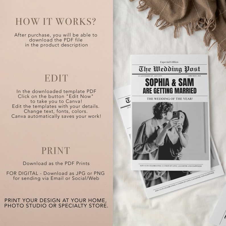 Editable Wedding Newspaper Program, Printable Wedding Timeline, Folded Wedding Day Program, Wedding Word Search zdjęcie 3