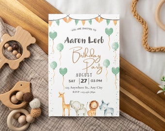 Safari Wild One First Birthday Invitation - Editable Printable Digital Download - Jungle Animals - Baby Birthday