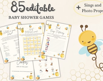 Paquete minimalista de juegos de baby shower - Descarga instantánea imprimible editable - Abejas amarillas Miel Primavera