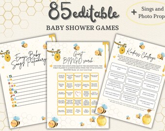 85 Minimalist Baby Shower Games Bundle - Editable Printable Pack Instant Download - Yellow colors, Bees, Honey, Spring style