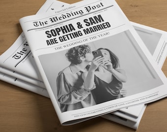Programa de periódico de boda editable, cronología de boda imprimible, programa del día de la boda plegado, búsqueda de palabras de boda
