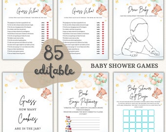 Bear Balloons Baby Shower Games Editable Minimalist Pack with Templates, Baby Shower Game Bundle, Minimalist Baby Shower Games, Baby Sign