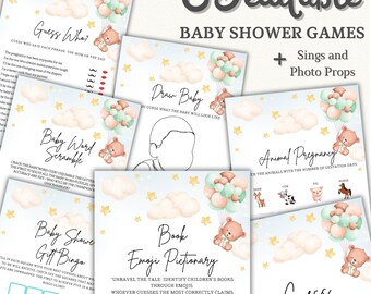 Editable Bear Balloons Baby Shower Games Bundle with Templates - Minimalist Baby Sign and Games Pack, Teddy Bear Baby Shower Games Sign