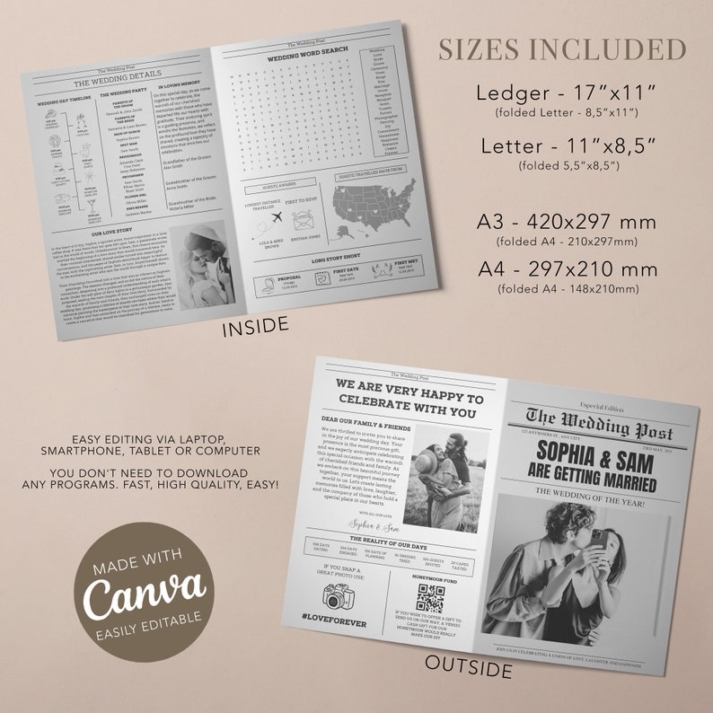 Editable Wedding Newspaper Program, Printable Wedding Timeline, Folded Wedding Day Program, Wedding Word Search zdjęcie 2