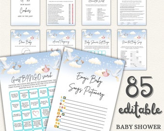 Stork Baby Shower Games Bundle - Editable Minimalist Pack with Templates, Baby Shower Pattern, Minimalist Baby Shower Games, Easy Edit