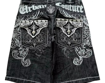 Embroidery American Vintage Baggy Denim Shorts Men Street Fashion Gothic Casual Joker Shorts Women Clothing Alt grunge Unisex Streetwear