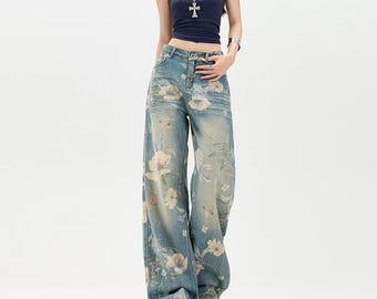 Floral Print Wide Leg Jeans: Y2K High Waist Denim, Retro Streetwear Baggy Pants