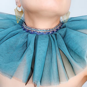 Blue ruffled tulle collar with blue and silver trim image 1