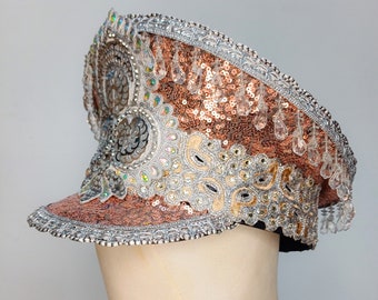 Rose gold and silver sequinned festival captain's hat