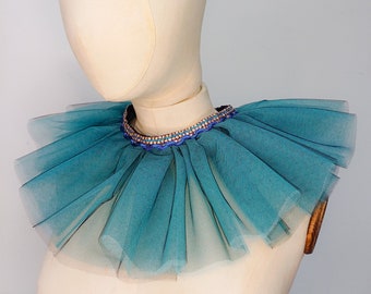 Blue ruffled tulle collar with blue and silver trim