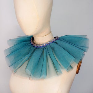 Blue ruffled tulle collar with blue and silver trim image 2