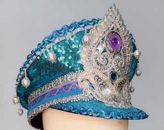 Blue and silver sequinned festival captain's hat